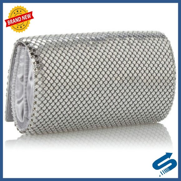 Metal Mesh Roll Evening Bag Clutch Purse with Shoulder Chain 4.5x7.5x2